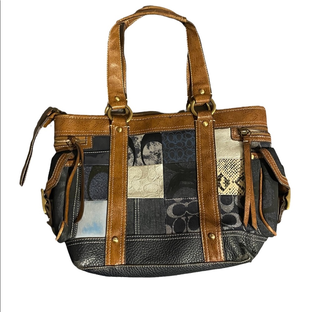 Coach Distressed Leather Denim Signature Patchwork Gigi Tote Bag - Picture 2 of 8